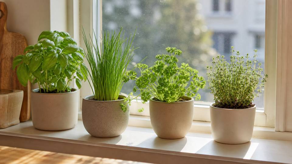 Small pots of culinary herbs growing on a sunny indoor windowsill