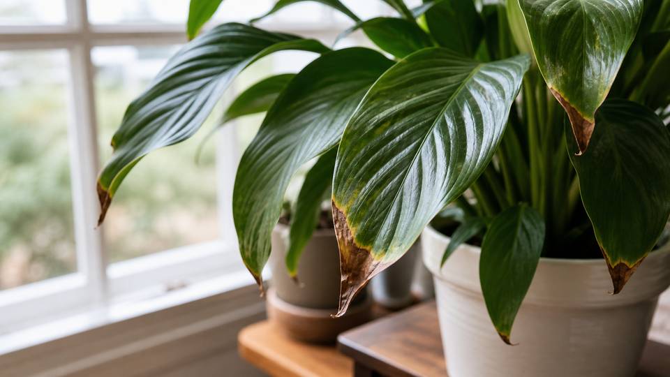 A close view of indoor plant leaves with slightly brown tips near a window