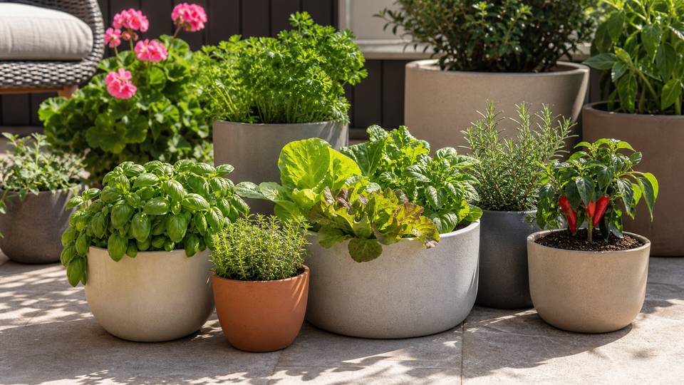 Assorted containers with herbs and small vegetables growing in a compact patio garden