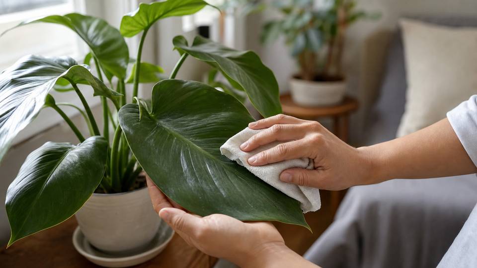 A person gently wiping the broad leaves of an indoor plant with a soft cloth