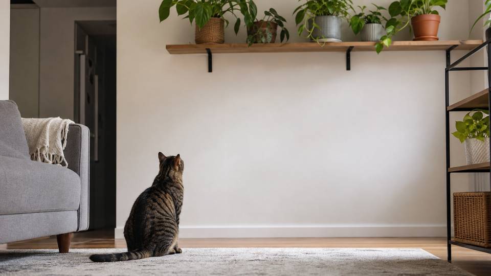 A cat sitting near indoor plants placed on a high shelf out of reach