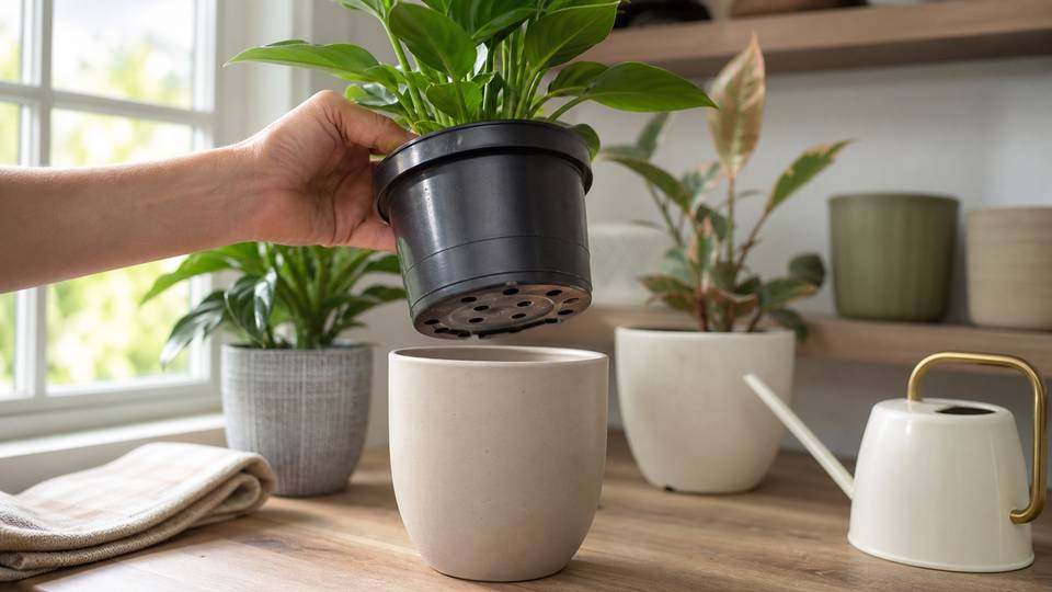 Several indoor plant pots with a decorative outer pot and a small watering can