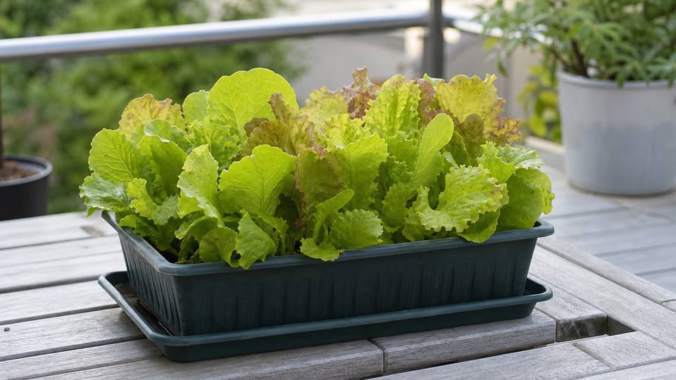A shallow container of leafy lettuce growing on a small patio table