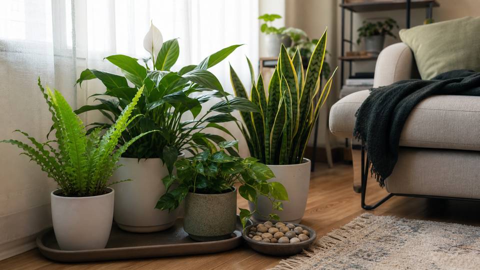 Indoor plants grouped near a bright window in a calm living room