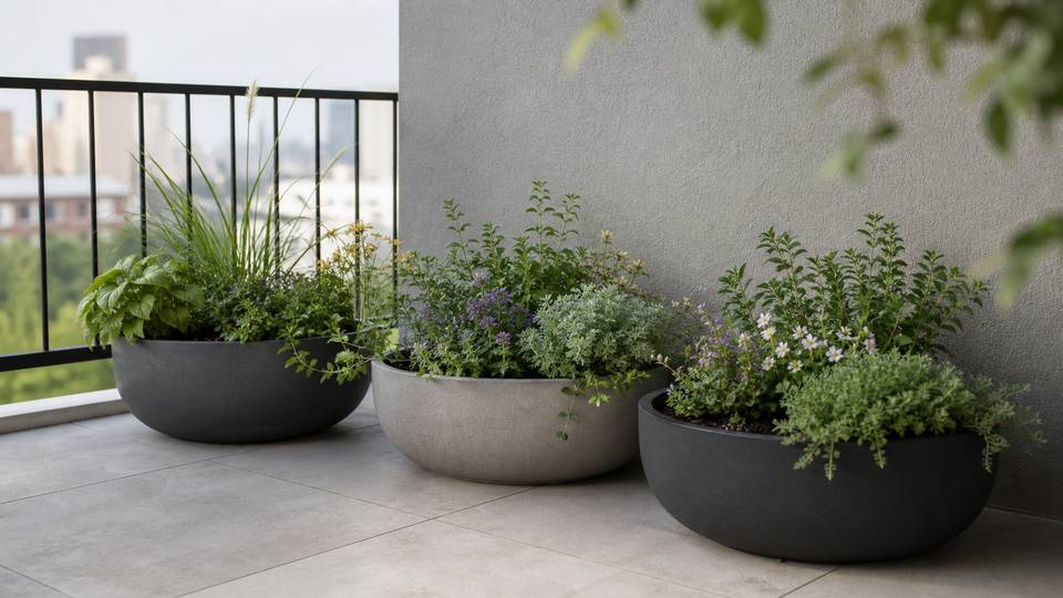 Low stable balcony planters grouped near a wall away from the railing