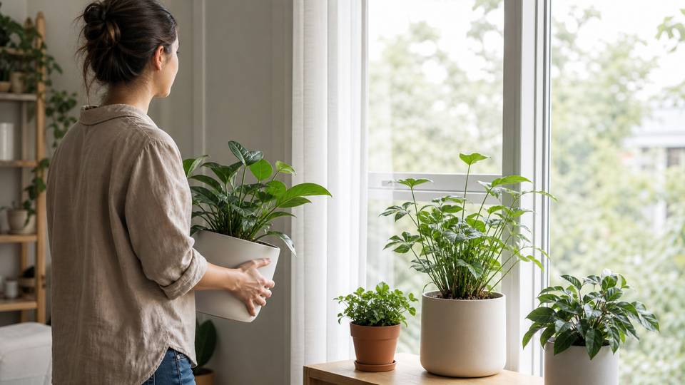 Indoor plants arranged near a bright window with filtered daylight