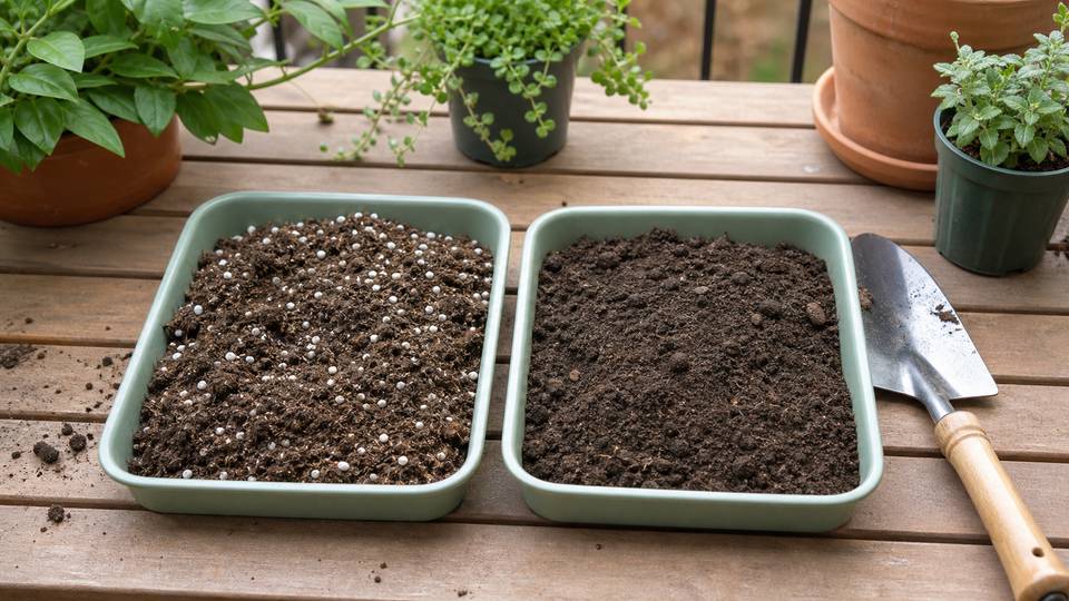 Two small containers showing loose potting mix beside denser garden soil for comparison