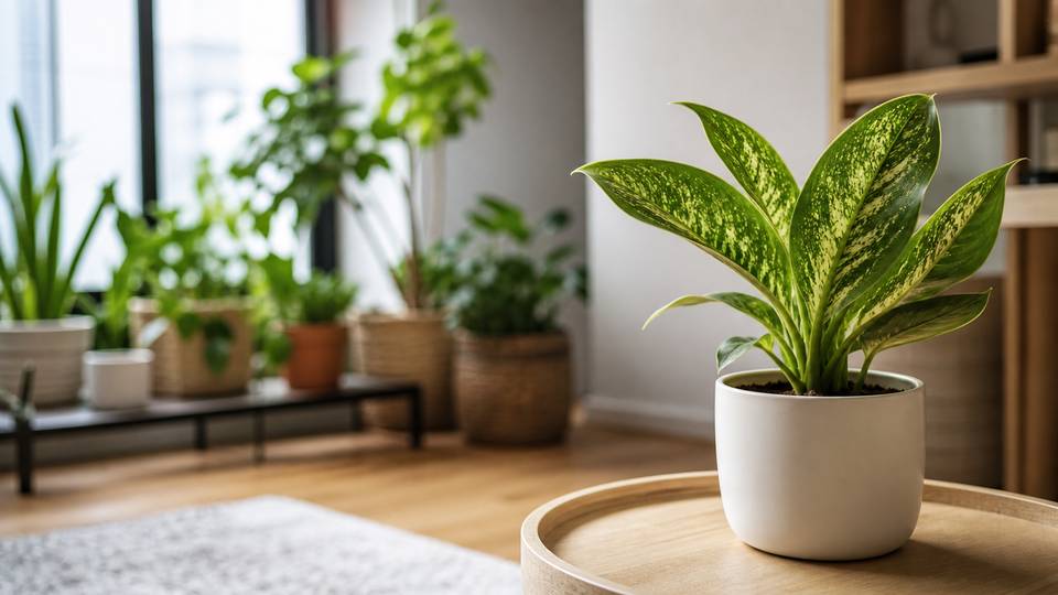 A newly purchased houseplant set apart from other indoor plants on a bright table