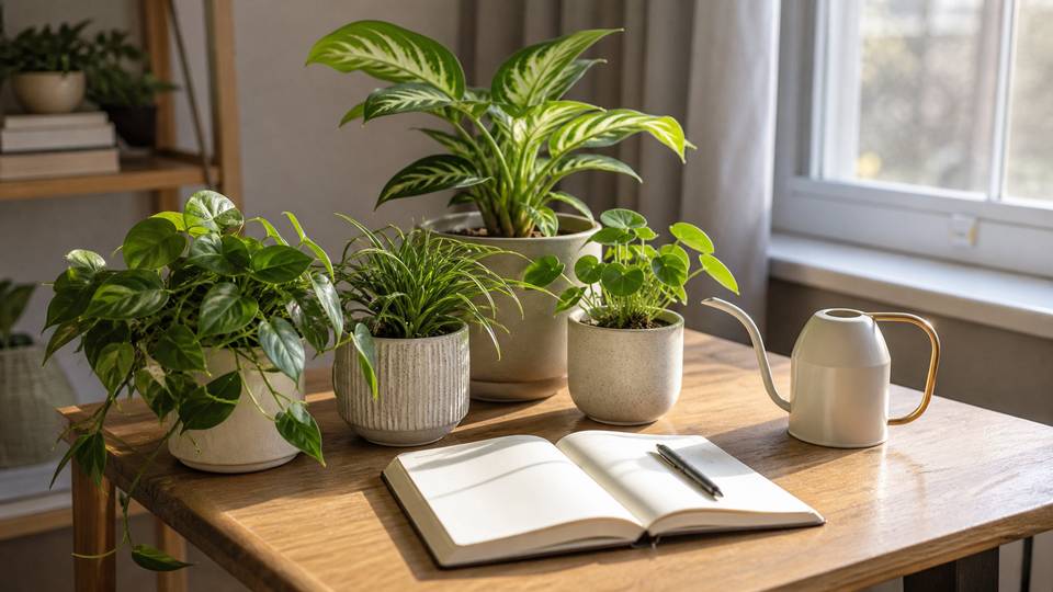 A small group of indoor plants on a table beside a notebook and watering can
