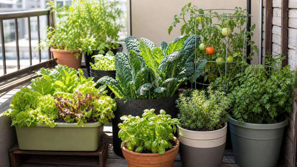 A compact patio vegetable garden with containers of greens and herbs in bright light