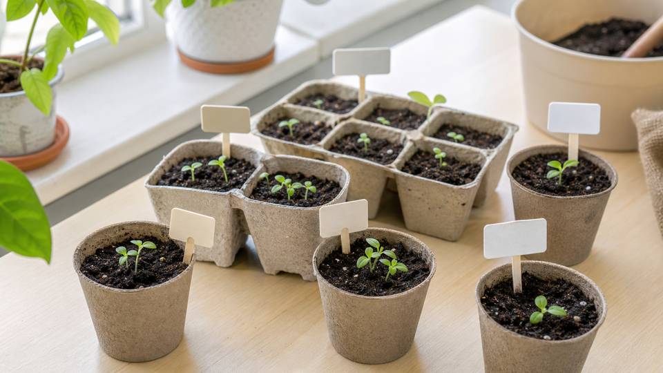 Small seed-starting containers with labels on a bright indoor table