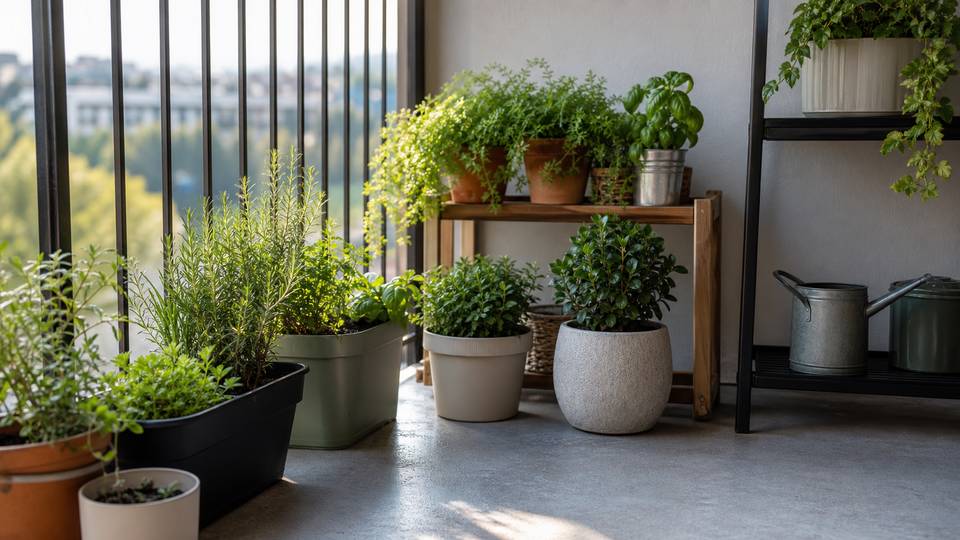 A small renter-friendly balcony garden with compact containers and herbs near a railing