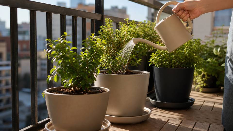 A small balcony planter being watered in morning light with saucers under nearby pots