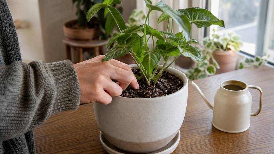 A hand checking soil moisture in a potted indoor plant beside a small watering can