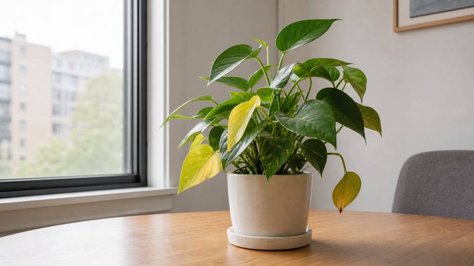A potted houseplant with a few yellow leaves on a table near a window